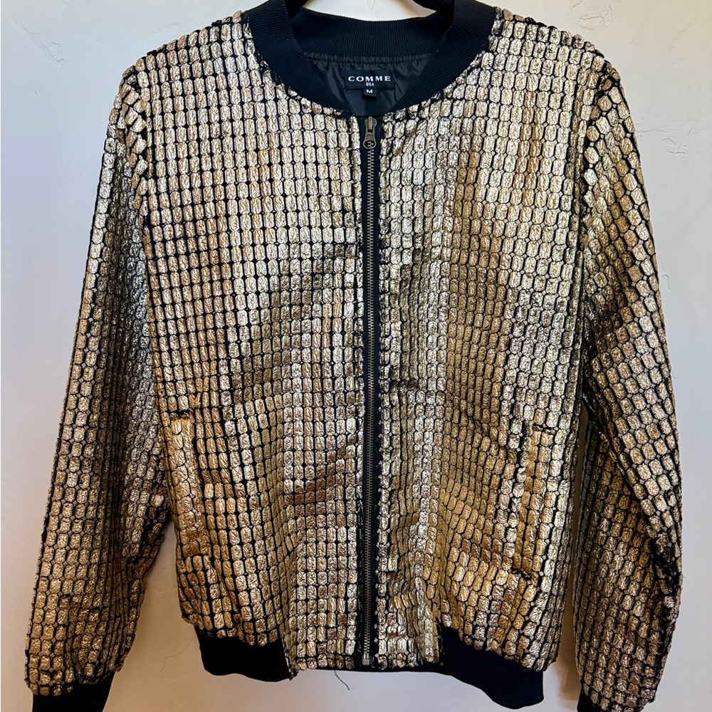 Gold Metallic Croc-Textured Bomber Jacket – Size M – Statement Piece